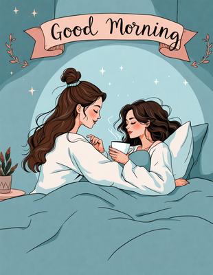 The image features two women lying in bed together, enjoying a cup of coffee. They are positioned close to each other, with one woman on the left side and the other on the right side of the bed. The bed is covered with a blanket, and there is a potted plant placed on the left side of the bed. The scene is depicted in a colorful and cozy style, with the women sharing a warm and intimate moment.