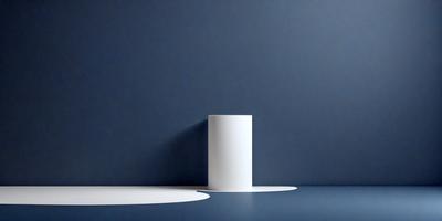 The primary subject of the image is a white vase, which is placed on a blue surface. The vase is positioned in the center of the image, and it appears to be the main focus of the scene. The setting or background consists of a blue wall, which provides a contrasting backdrop for the white vase. The visual style of the image is a close-up of the vase, showcasing its details and texture. The colors and mood of the image are predominantly blue, creating a calm and
