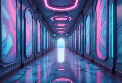 The primary subject of the image is a long hallway with a blue and pink color scheme. The hallway is illuminated by a blue light, giving it a futuristic and surreal appearance. The setting is a large, open space with a row of arched windows on one side, and a doorway on the other. The visual style of the image is a combination of digital art and illustration, creating a unique and captivating atmosphere. The colors and mood of the scene are predominantly blue and p