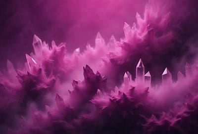 The primary subject of the image is a purple crystal formation, which appears to be a cluster of purple crystals. The setting is a purple background, which adds to the overall mood of the image. The visual style of the image is a combination of photo and digital art, creating a unique and intriguing appearance. The colors and mood of the image are predominantly purple, giving it a serene and mystical atmosphere.