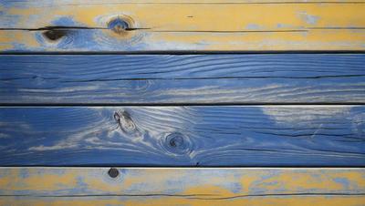 The primary subject of the image is a wooden plank with a blue and yellow color scheme. The setting is a wooden surface, possibly a fence or a wall. The visual style is a close-up of the wooden plank, showcasing its texture and color. The colors and mood of the image are vibrant and lively, with the blue and yellow colors creating a sense of warmth and energy.