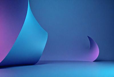The primary subject of the image is a blue and purple sculpture, which appears to be a modern art piece. The sculpture is placed against a blue wall, creating a striking contrast. The setting is a room with a blue wall, which serves as the background for the artwork. The visual style of the image is a combination of digital art and illustration, giving it a unique and modern appearance. The dominant colors in the image are blue and purple, which contribute to the overall atmosphere of the piece.