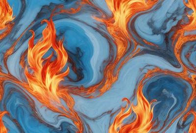 The primary subject of the image is a fire, which is the main focus of the scene. The fire is surrounded by a blue and orange swirling pattern, creating a visually striking and dynamic scene. The setting appears to be a blue and orange swirling pattern, which serves as the backdrop for the fire. The visual style of the image is a combination of photo and digital art, as it captures the vibrant colors and swirling patterns of the fire. The overall atmosphere of the image is energetic and