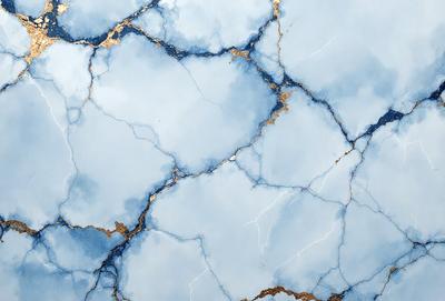 The primary subject of the image is a blue and gold marble tile with a cracked and textured appearance. The setting is a blue and white marble wall, which serves as the background. The visual style is a close-up of the marble tile, showcasing its unique texture and color. The colors and mood of the image are predominantly blue and gold, creating a sense of elegance and sophistication.