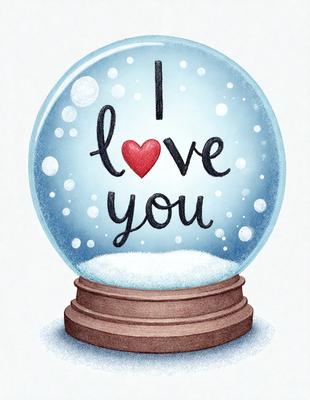 The primary subject of the image is a snow globe with the words "I Love You" written on it. The setting is a white background, and the visual style is a digital illustration. The colors and mood of the image are predominantly white, giving it a clean and serene appearance.