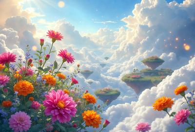 Primary subject: A beautiful flower garden with a variety of flowers, including pink and yellow flowers, and a purple flower.

Setting/background: The garden is set in a cloudy sky, creating a whimsical and dreamy atmosphere.

Visual style: The image is a digital artwork, featuring a vibrant and colorful scene.

Colors and mood: The dominant colors are pink, yellow, and purple, creating a warm and cheerful mood. The cloudy sky adds