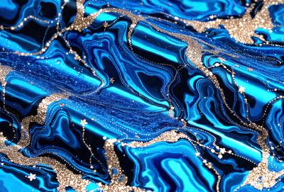 The primary subject of the image is a blue and gold swirling pattern, which appears to be a digital art or illustration. The setting is a blue background, and the visual style is a combination of digital art and illustration. The dominant colors are blue and gold, creating a vibrant and lively atmosphere.