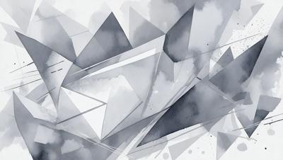 The primary subject of the image is a geometric pattern, which is a combination of triangles and squares. The setting is a cloudy sky, and the visual style is a mix of digital art and illustration. The dominant colors are grays, blues, and whites, creating a calm and serene atmosphere.