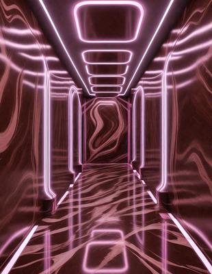 The primary subject of the image is a hallway with a pink and purple color scheme. The setting is a long, narrow passage with a reflective surface, possibly a mirrored surface or a reflective floor. The visual style of the image is a combination of photo and digital art, creating a unique and artistic atmosphere. The colors and mood of the image are predominantly pink and purple, giving the scene a warm and inviting feel.