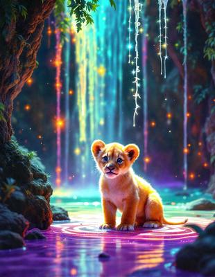 The primary subject of the image is a small lion cub sitting in a pool of water. The lion cub is surrounded by a vibrant and colorful environment, with a rainbow-colored waterfall in the background. The visual style of the image is a digital art or illustration, creating a whimsical and imaginative atmosphere. The dominant colors in the scene are purple, blue, and green, which contribute to the overall mood of the image.