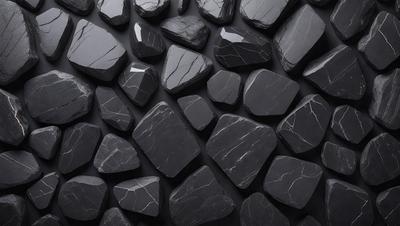 The primary subject of the image is a large black rock. The setting is a black background, which creates a striking contrast with the rock. The visual style is a close-up of the rock, showcasing its texture and details. The colors and mood of the image are predominantly dark, with the black rock being the main focal point.