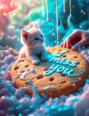 The primary subject of the image is a small cat sitting on a cookie. The setting is a playful and colorful environment, with the cat sitting on a cookie that says "I miss you." The visual style is a combination of photo and digital art, creating a whimsical and creative scene. The dominant colors are pink and blue, giving the image a cheerful and lighthearted atmosphere.