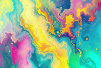 The primary subject of the image is a colorful, abstract painting featuring a mix of yellow, blue, and green colors. The painting is displayed on a wall, creating a vibrant and lively atmosphere. The visual style of the painting suggests that it is a digital art or illustration, rather than a photo or traditional painting. The colors and mood of the painting evoke a sense of creativity and energy, making it an eye-catching and engaging piece of art.