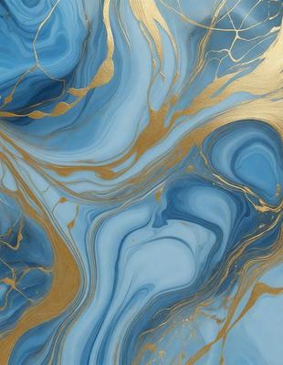 The primary subject of the image is a blue and gold swirling pattern, which appears to be a painting or a digital artwork. The setting is a blue background, and the visual style is a combination of photo and digital art. The dominant colors are blue and gold, creating a vibrant and lively atmosphere.