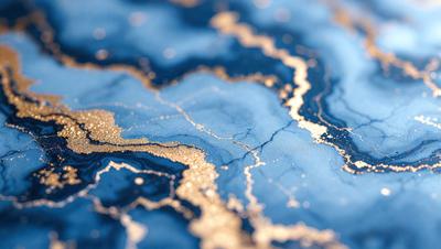 The primary subject of the image is a blue and gold painting. The setting is a blue background, and the visual style appears to be a combination of digital art and illustration. The dominant colors are blue and gold, creating a serene and calming atmosphere.