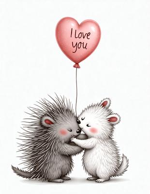 The primary subject of the image is a heart-shaped balloon with the words "I love you" written on it. The balloon is being held by two hedgehogs, who are standing close to each other and appear to be kissing. The setting is a white background, and the visual style is a digital illustration. The colors are predominantly pink and white, creating a warm and affectionate atmosphere.