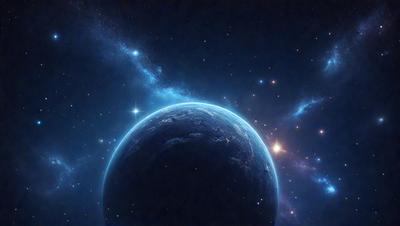 The primary subject of the image is a large, dark, and somewhat distorted planet. The setting is a night sky filled with stars, creating a beautiful and serene backdrop. The visual style of the image is a combination of photo and digital art, giving it a unique and captivating appearance. The colors and mood of the image are predominantly dark and moody, with the planet and the night sky creating a sense of mystery and awe.