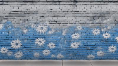 The primary subject of the image is a blue brick wall with white flowers painted on it. The setting is an outdoor environment, and the visual style appears to be a combination of photo and digital art. The dominant colors are blue and white, creating a calm and serene atmosphere.