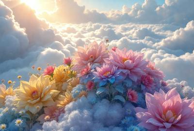 Primary subject: Flowers
Setting/background: Clouds
Visual style: Digital art
Colors and mood: Pink, blue, yellow, and white