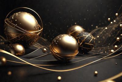 The primary subject of the image is a collection of gold and black spheres, which are arranged in a visually appealing manner. The setting is a black background, which contrasts with the gold and black spheres, creating a striking visual effect. The visual style of the image is a combination of digital art and illustration, with the gold and black spheres appearing as if they are floating in the air. The colors and mood of the image are predominantly gold and black, giving it a luxurious and elegant appearance.