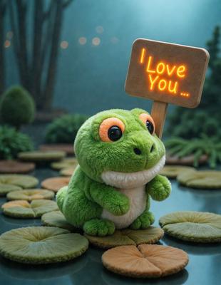 The primary subject of the image is a stuffed toy, specifically a green lizard, sitting on a table. The lizard is holding a sign that reads "I love you." The setting is indoors, with a table visible in the background. The visual style is a combination of photo and digital art, creating a unique and eye-catching image. The colors are predominantly green, which adds to the lizard's natural appearance. The overall atmosphere is warm and affectionate, as the lizard conveys