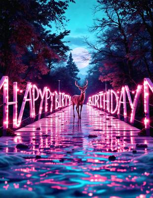 The primary subject of the image is a deer walking across a bridge. The setting is a forest, with the bridge and the deer being the main focus of the scene. The visual style is a combination of photo and digital art, creating a unique and eye-catching image. The colors and mood are predominantly pink, which adds a sense of warmth and celebration to the scene, as it is a happy birthday sign.