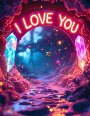 The primary subject of the image is a bee flying through a pink and purple tunnel. The setting is a whimsical, colorful environment with a backdrop of a tree and a sky filled with stars. The visual style is a digital art or illustration, creating a vibrant and lively atmosphere. The dominant colors are pink, purple, and white, with the stars adding a touch of sparkle to the scene.