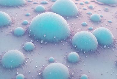 The primary subject of the image is a collection of blue and white spheres, which are floating in a blue and white background. The visual style of the image is digital art, as it appears to be a computer-generated or digitally manipulated scene. The colors and mood of the image are predominantly blue and white, creating a calm and serene atmosphere.