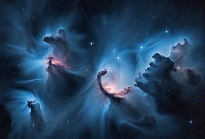 The primary subject of the image is a group of three nebulae, which are celestial objects that appear as clouds of gas and dust in space. They are set against a backdrop of a dark, star-filled sky. The visual style of the image is a combination of photo and digital art, creating a striking and detailed representation of the nebulae. The colors and mood of the image are predominantly dark and dramatic, with the nebulae standing out against the black background.