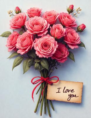 The primary subject of the image is a bouquet of pink roses. The setting is a blue background, and the visual style is a digital art illustration. The dominant colors are pink and red, creating a warm and romantic atmosphere. The bouquet is tied with a red ribbon, adding a touch of elegance to the scene.