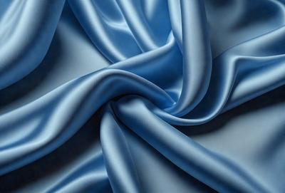 The primary subject of the image is a blue fabric, possibly a piece of silk, with a wavy pattern. The setting is a table, and the visual style appears to be a close-up of the fabric. The colors and mood of the image are predominantly blue, creating a calm and serene atmosphere.