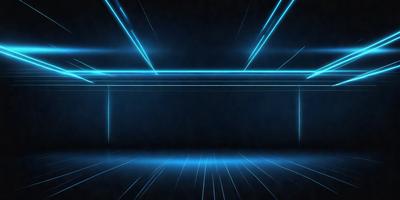 The primary subject of the image is a large, dark room with a blue glow. The setting is a black room with a blue light, creating a unique atmosphere. The visual style is a combination of a photo and digital art, giving the image a futuristic and surreal appearance. The dominant colors are blue and black, with the blue light creating a sense of depth and mystery in the room.
