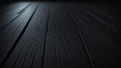 The primary subject of the image is a wooden floor with a black background. The setting appears to be a dark room, possibly a hallway or a room with a black floor. The visual style of the image is a close-up of the wooden floor, which gives it a textured and detailed appearance. The colors in the image are predominantly black, creating a moody and dramatic atmosphere.