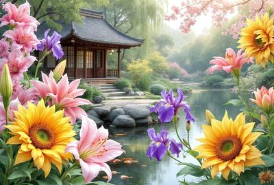 The primary subject of the image is a beautiful garden with a variety of flowers, including sunflowers and purple flowers. The garden is situated next to a pond, creating a serene and picturesque setting. The visual style of the image is a digital art, which adds a sense of vibrancy and realism to the scene. The colors and mood of the image are predominantly warm and inviting, with the sunflowers and purple flowers adding a touch of natural beauty to the garden.