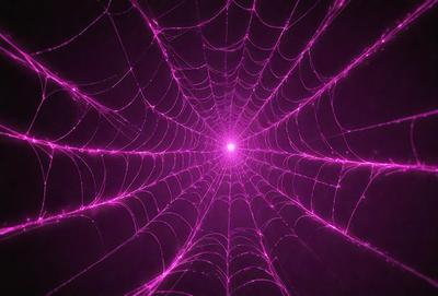 The primary subject of the image is a purple spider web with a pink glow. The setting is a dark room, and the visual style appears to be a digital art or illustration. The dominant colors are purple and pink, creating a unique and captivating atmosphere.