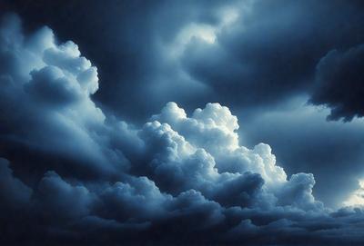 The primary subject of the image is a cloudy sky with a blue hue. The setting is a dark, cloudy day, and the visual style is a painting. The colors and mood of the image are dark and moody, with the clouds creating a dramatic atmosphere.