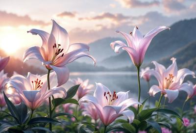 Primary subject: Flowers
Setting/background: A field with a body of water in the background
Visual style: Digital art
Colors and mood: The flowers are pink and white, creating a serene and peaceful atmosphere.