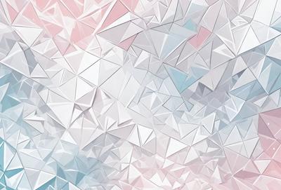 The primary subject of the image is a large, intricate, and colorful pattern made up of triangles. The pattern is predominantly white and pink, creating a visually appealing and vibrant scene. The setting is a large, open space, possibly a wall or a background, where the pattern is displayed prominently. The visual style of the image is a combination of digital art and illustration, showcasing the artist's creativity and skill in designing the pattern. The colors and mood of