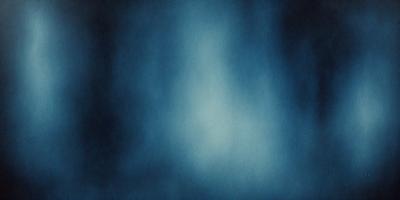 The primary subject of the image is a blue background with a white, blurry figure in the center. The setting appears to be a dark, moody environment. The visual style is a combination of digital art and illustration, creating a surreal and mysterious atmosphere. The dominant colors are blue and white, with the white figure contrasting against the dark blue background.