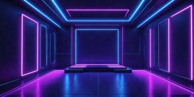 The primary subject of the image is a purple and blue neon-lit room. The setting is a dark room with a purple and blue glow, creating a unique and visually striking atmosphere. The visual style of the image is a combination of digital art and illustration, with the neon lights adding a futuristic and artistic touch to the scene. The dominant colors in the image are purple and blue, which create a sense of depth and intrigue.