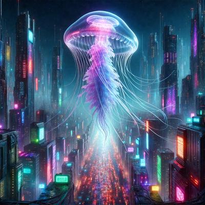 The primary subject of the image is a large, colorful jellyfish floating in a neon-lit cityscape. The setting is a futuristic city with tall buildings and a vibrant, luminous atmosphere. The visual style is a combination of digital art and illustration, creating a surreal and captivating scene. The colors and mood are predominantly bright and energetic, with the jellyfish standing out as the focal point of the image.