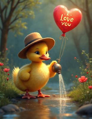 The image features a cute duckling wearing a hat and holding a balloon. The duckling is standing on a path, and the balloon is floating in the air. The scene is set in a garden, with a potted plant visible in the background. The visual style of the image is a combination of photo and digital art, creating a whimsical and charming atmosphere. The primary subject of the image is the cute duckling, and the colors and mood are predominantly warm and