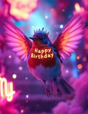 The primary subject of the image is a bird, specifically a robin, wearing a crown and a "Happy Birthday" sign. The bird is perched on a branch, and the scene is set in a colorful, pink and purple environment. The visual style of the image is a combination of photo and digital art, creating a whimsical and festive atmosphere. The dominant colors in the image are pink, purple, and white, which contribute to the overall cheerful and celebratory mood.