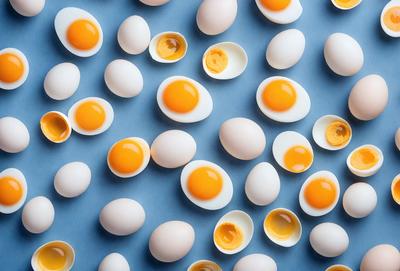 The primary subject of the image is a collection of eggs, with each egg having a yolk in the center. The eggs are arranged in a pattern, covering the entire image. The setting is a blue surface, which serves as the background for the eggs. The visual style is a close-up of the eggs, showcasing their details and textures. The colors and mood of the image are predominantly yellow and orange, giving it a warm and vibrant atmosphere.