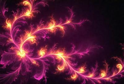 The primary subject of the image is a purple and orange floral pattern. The setting is a dark background, which contrasts with the vibrant colors of the floral pattern. The visual style appears to be a digital art or illustration, as the floral pattern is intricately detailed and the colors are rich and saturated. The dominant colors are purple and orange, creating a warm and inviting atmosphere.