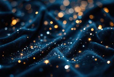 The primary subject of the image is a black cloth with a pattern of bright, shiny stars. The setting is a dark background, which contrasts with the bright stars. The visual style is a close-up of the cloth, showcasing the intricate pattern of the stars. The colors and mood of the image are predominantly dark, with the bright stars providing a contrasting and luminous effect.
