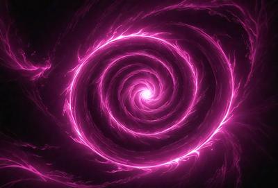 The primary subject of the image is a large, swirling, pink spiral. The setting is a dark background, which contrasts with the bright pink color of the spiral. The visual style appears to be a digital art or illustration, as the spiral is depicted in a detailed and intricate manner. The colors and mood of the image are predominantly pink, creating a sense of warmth and energy.