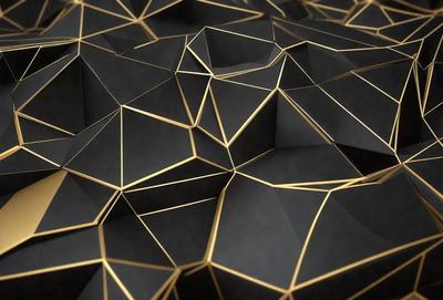 The primary subject of the image is a close-up of a gold and black geometric pattern. The setting is a black background, which contrasts with the gold and black pattern. The visual style appears to be a combination of digital art and illustration, creating a unique and intricate design. The dominant colors are gold and black, giving the pattern a sophisticated and elegant appearance.