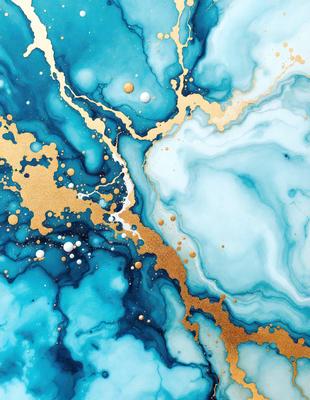 The primary subject of the image is a blue and gold painting, featuring a mix of blue and gold colors. The setting is a blue and white marbled surface, which serves as the background for the painting. The visual style of the image is a painting, showcasing the artist's skill in creating a vibrant and visually appealing piece of art. The colors and mood of the painting are lively and energetic, with the blue and gold colors creating a sense of depth and richness.