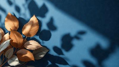 The primary subject of the image is a leaf, which is the main object, scene, or focus of the image. The leaf is placed on a blue surface, which serves as the setting or background. The visual style of the image is a photo, capturing the leaf's natural beauty and texture. The colors in the image are predominantly shades of blue and brown, creating a calm and serene atmosphere.